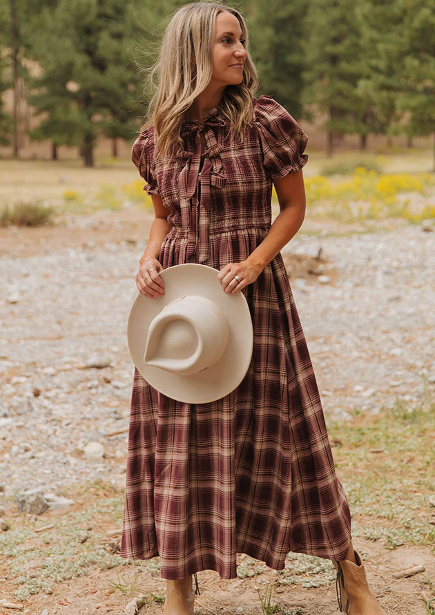 Heritage Vintage Plaid Knot Front Smocked Maxi Dress - Image 3