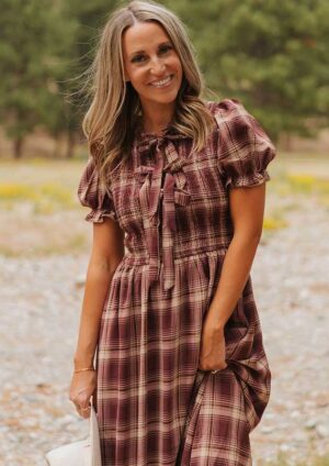 Heritage Vintage Plaid Knot Front Smocked Maxi Dress