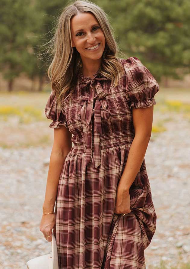Heritage Vintage Plaid Knot Front Smocked Maxi Dress