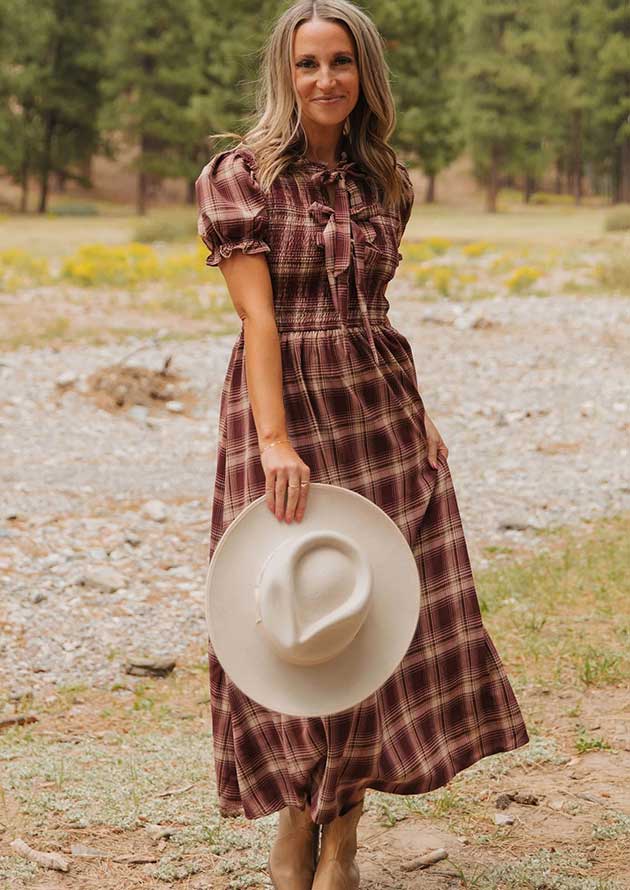 Heritage Vintage Plaid Knot Front Smocked Maxi Dress - Image 2