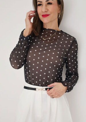 In the Dot Black Polka Mesh Long Sleeve Top