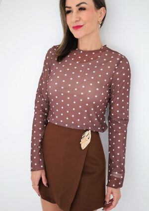 In the Dot Brown Polka Mesh Long Sleeve Top