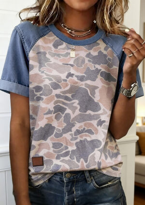 Ireland Camo Colour Block Short Sleeve Blue Top