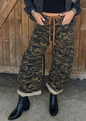 Jamaica Camo Retro Grommet Tie Waist Green Jeans