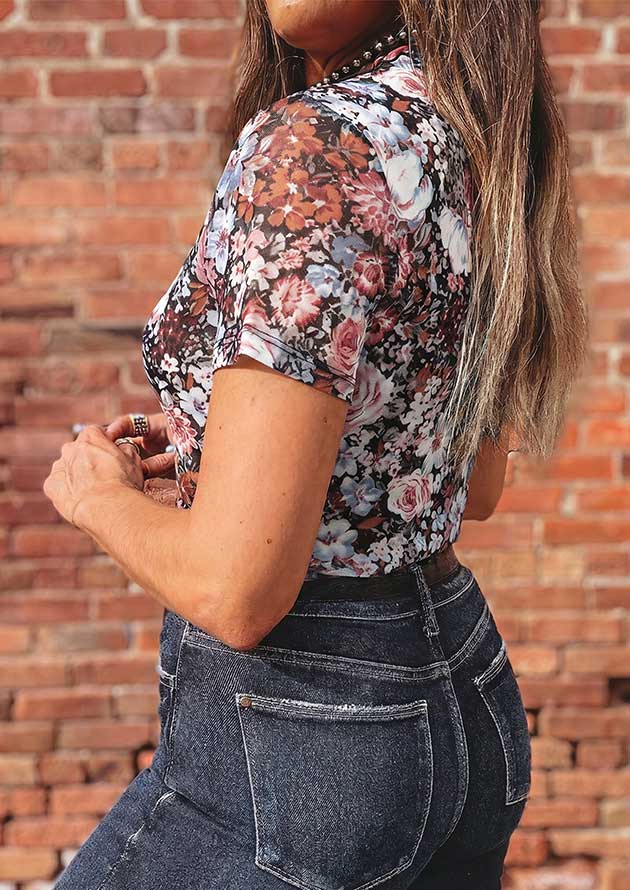 Karma Floral Mesh Short Sleeve Top - Image 2
