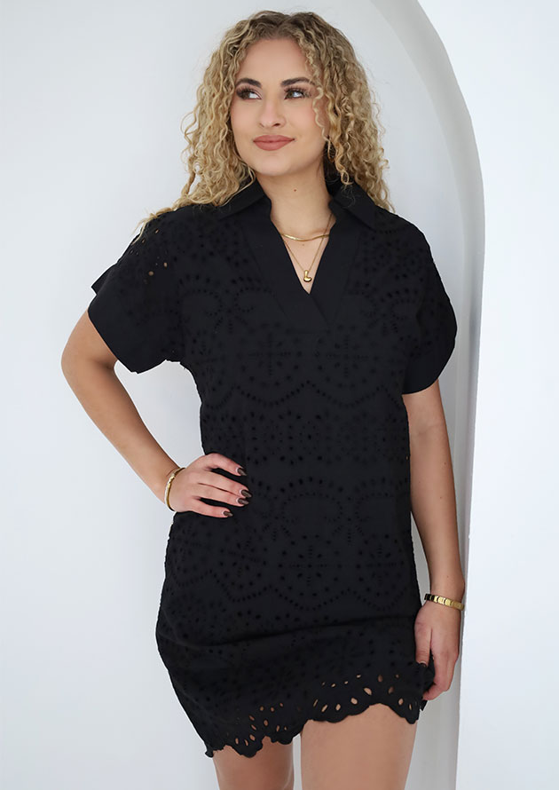 Keimoes Eyelet Embroidered Black Short Dress