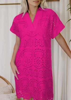Keimoes Eyelet Embroidered Pink Short Dress