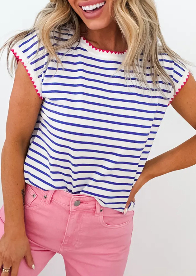 Marzette Stripe Contrast Trim Round Neck Blue Top