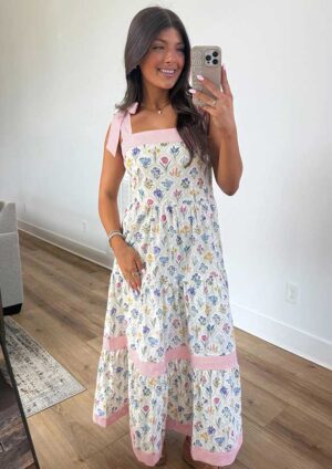 Lindell Floral Print Striped Knot Straps Maxi Dress