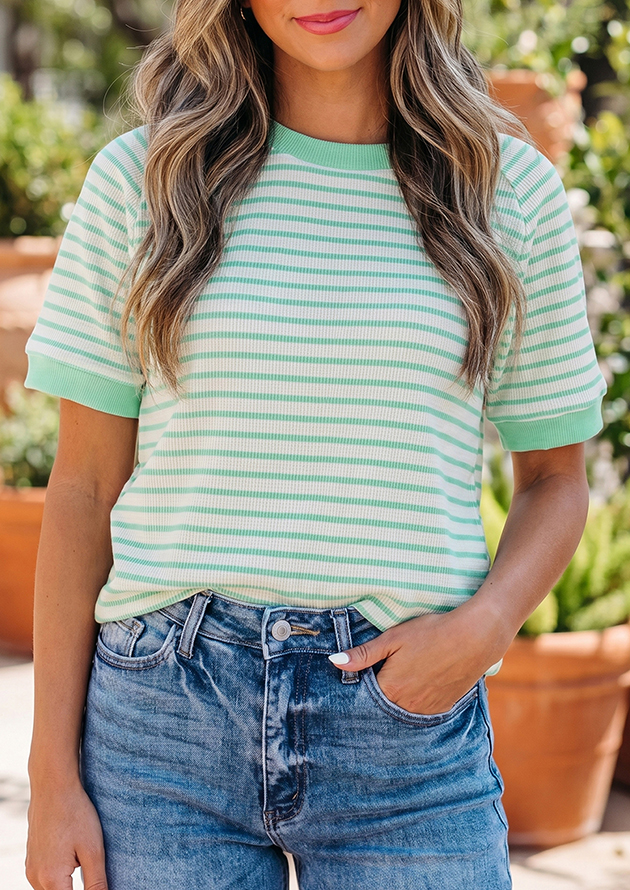 Loraine Stripe Colour Block Trim Round Neck Green Top