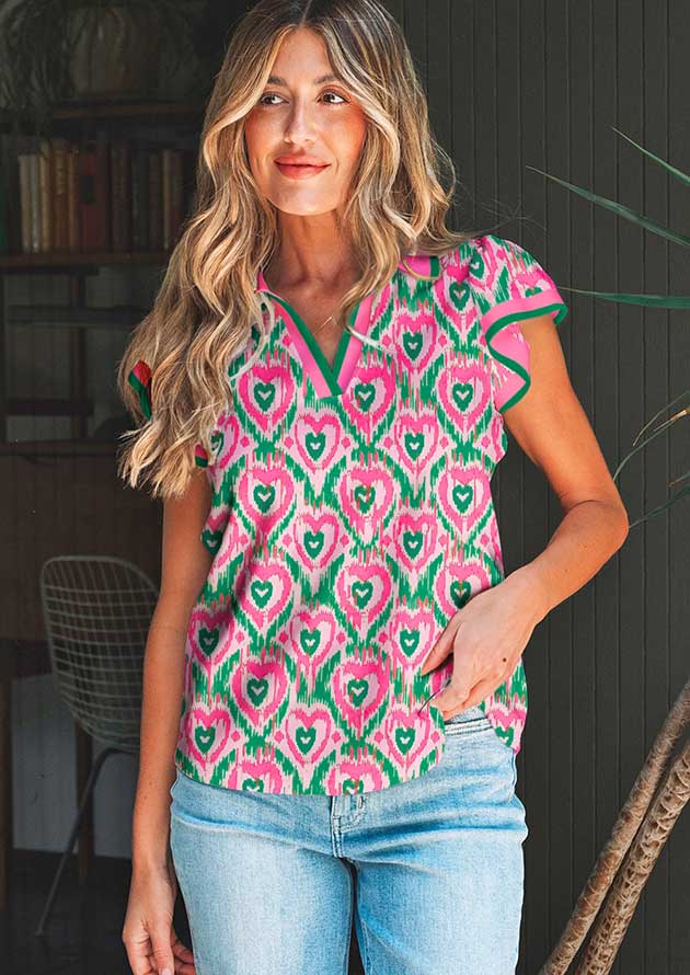 Love Lines Abstract Hearts Short Sleeve Green Blouse
