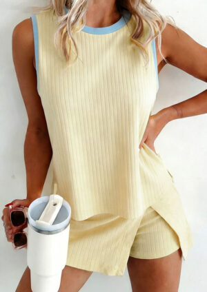 Martina Contrast Trim Ribbed Tank Top and Skort Yellow Co-Ord Set