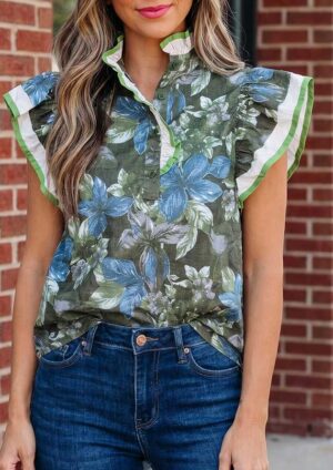 Morning Flower Ruffled Short Sleeve Green Blouse