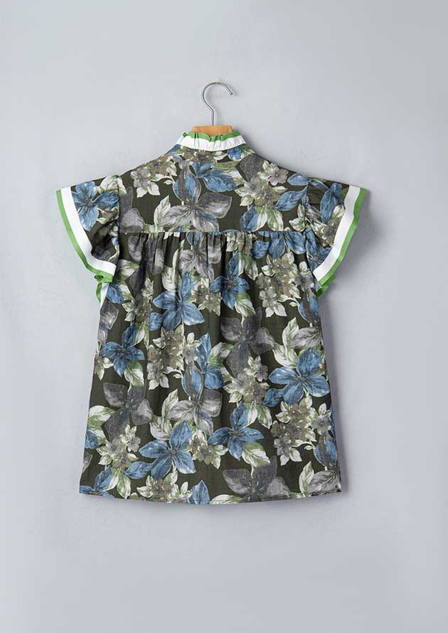 Morning Flower Ruffled Short Sleeve Green Blouse - Image 2