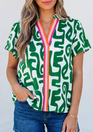 Mosaic Abstract Stripe Trim V Neck Green Blouse