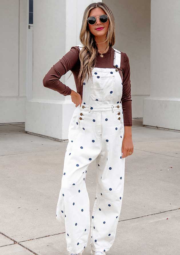 Petronella Polka Dot Denim Barrel White Jumpsuit