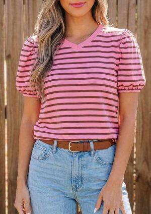 Rosewood Stripe V Neck Ribbed Collar Puff Sleeve Pink Top