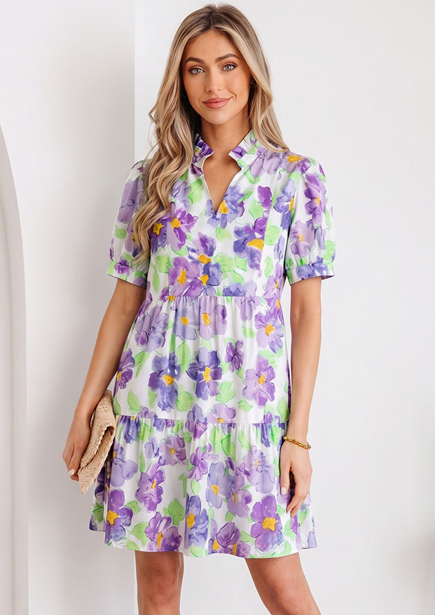 Sweet Violet Floral V Collar Tiered Ruffle Short Dress
