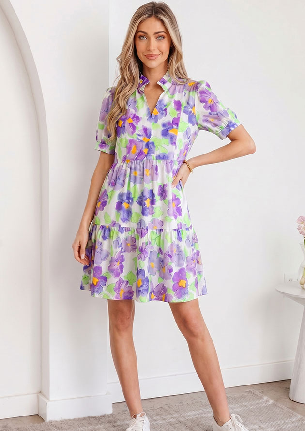 Sweet Violet Floral V Collar Tiered Ruffle Short Dress - Image 2
