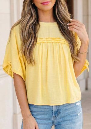 Talana Tie Half Sleeve Pleated Babydoll Yellow Blouse
