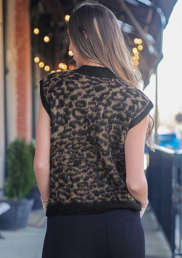 Thelma Leopard Print Knit Sleeveless Wash Sweater Black Vest - Image 3