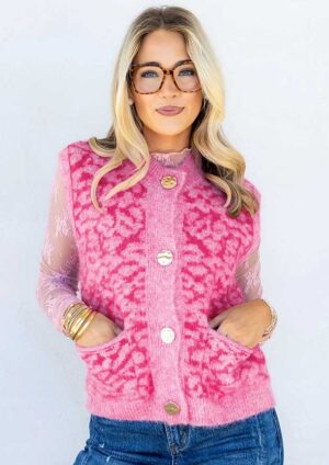 Thelma Leopard Print Knit Sleeveless  Wash Sweater Pink Vest