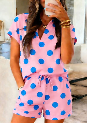 Weekday Polka Dot V Neck Top and Short Pink Co-Ord Set