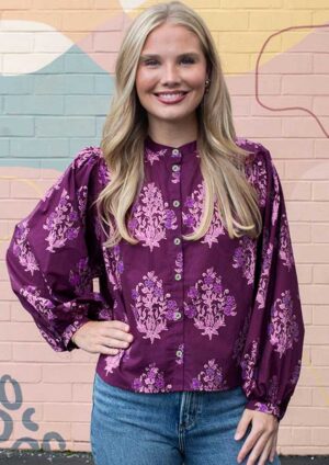 Wild Orchid Floral Button Long Puff Sleeve Purple Blouse