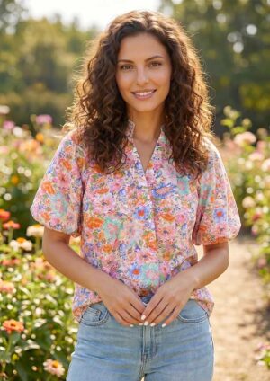 Wildflower Floral V Neck Short Sleeve Pink Blouse