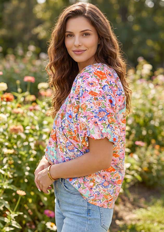 Wildflower Floral V Neck Short Sleeve Pink Blouse - Image 3