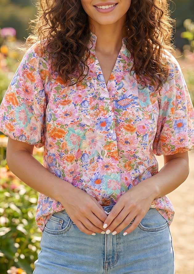 Wildflower Floral V Neck Short Sleeve Pink Blouse - Image 4