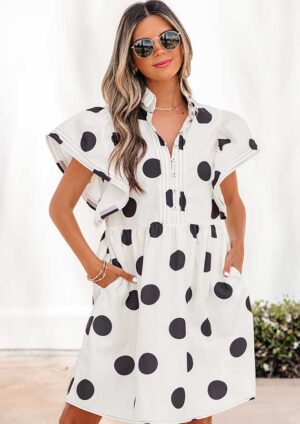 Winslow Polka Dot Half Button Ruffled White Short Dress