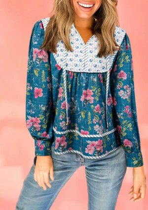 Yeovil Floral Contrast Yoke Long Puff Sleeve Blue Blouse