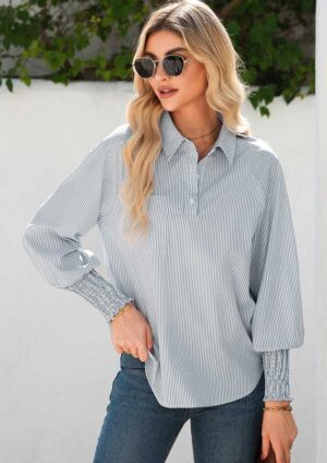 Zebrina Pinstripe Long Sleeve Smocked Cuffs Gray Blouse