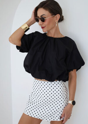 Bubble Puff Sleeve Crop Black Blouse