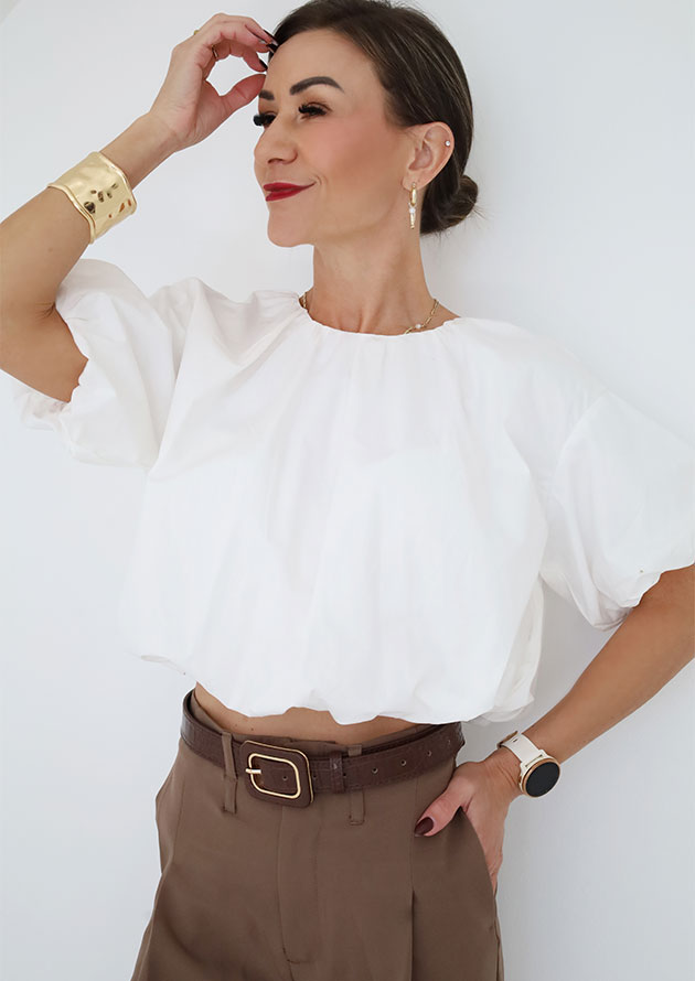 Bubble Puff Sleeve Crop White Blouse - Image 3