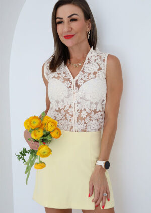 Cannes Lace Embroidered Button Cream Tank Top