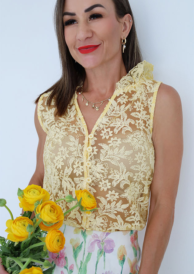 Cannes Lace Embroidered Button Yellow Tank Top