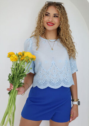 Eldean Eyelet Blue Puff Sleeve Crop Top