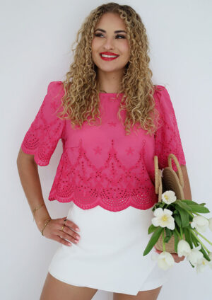 Eldean Eyelet Pink Puff Sleeve Crop Top