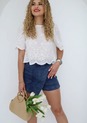 Eldean Eyelet White Puff Sleeve Crop Top