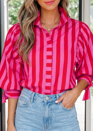 Gilian Puff Sleeve Tie Button Down Red Top
