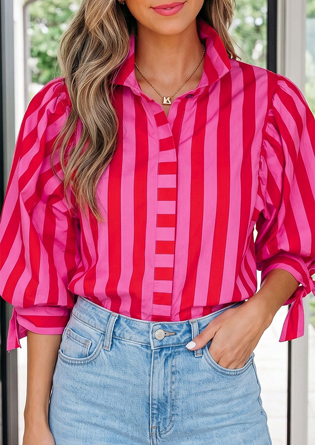 Gilian Puff Sleeve Tie Button Down Red Top