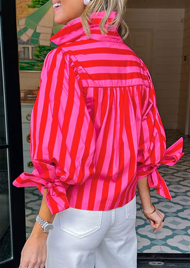 Gilian Puff Sleeve Tie Button Down Red Top - Image 2