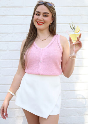 Ponta Knitted V Neck Button Pink Top