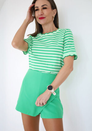 Samba Stripe Scalloped Trim Round Neck Green T-Shirt