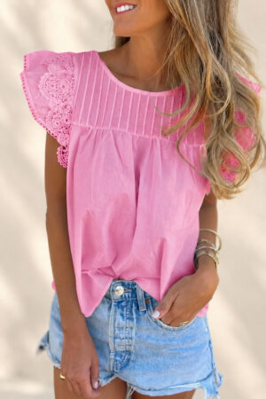 Adel Lace Detail Flutter Short Sleeve Pink Blouse
