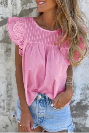 Adel Lace Detail Flutter Short Sleeve Pink Blouse