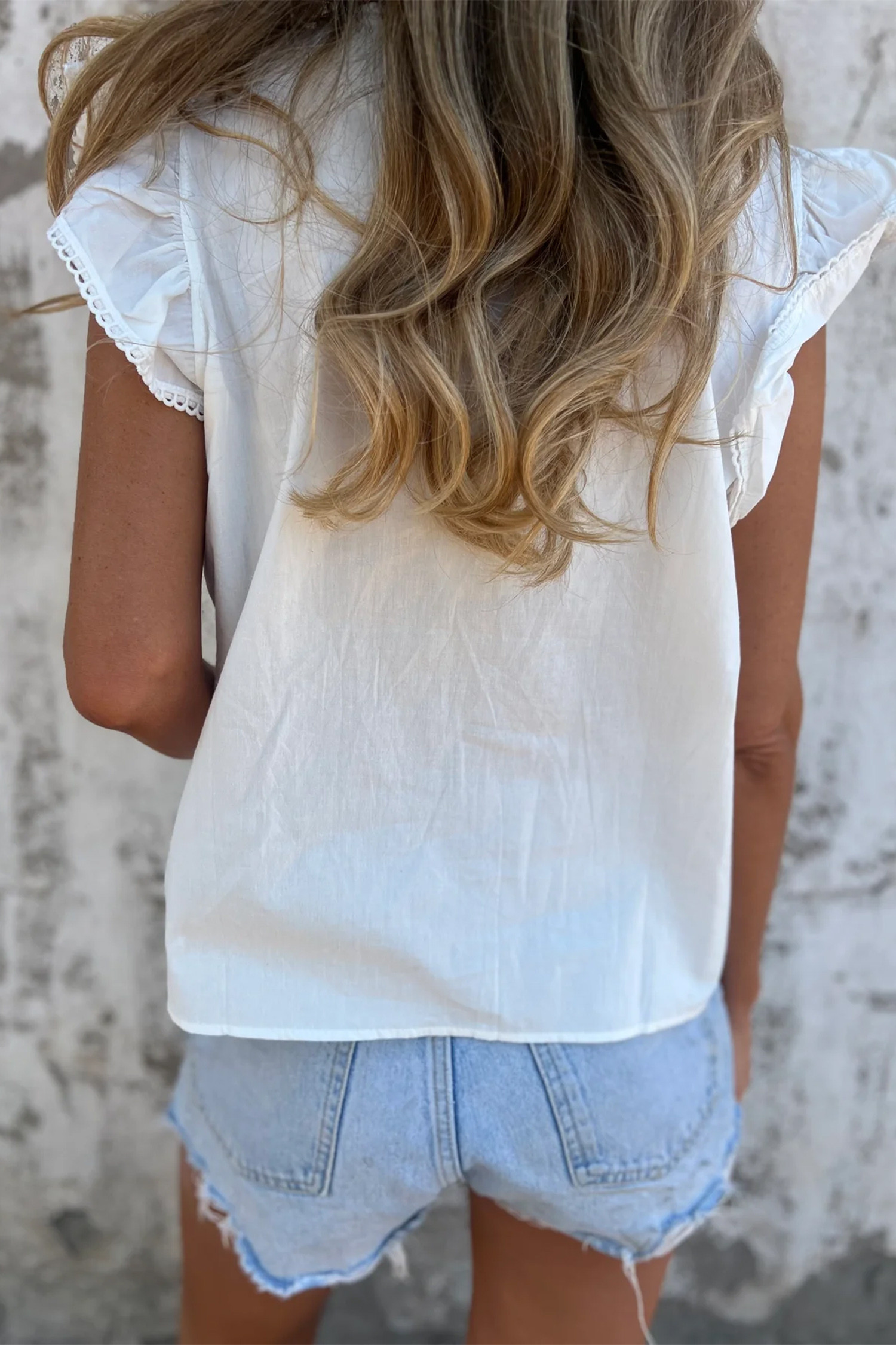 Adel Lace Detail Flutter Short Sleeve White Blouse - Image 2