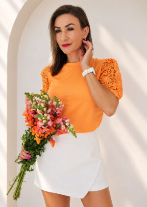 Alice Puff Lace Short Sleeve Orange Top